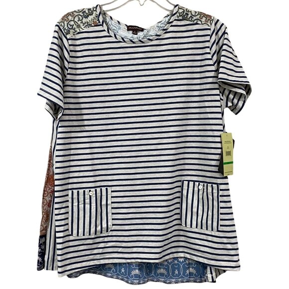 Striped & Paisley Multicolor Boho Top W/ Front Pockets By Multiples Size L NWT - Picture 1 of 7